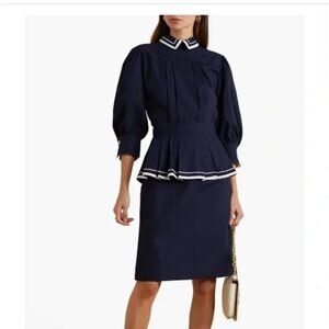 Batsheva Navy Blue Long Sleeve Rilke Dress Peplum Ruffle NWT $325, Size 2
